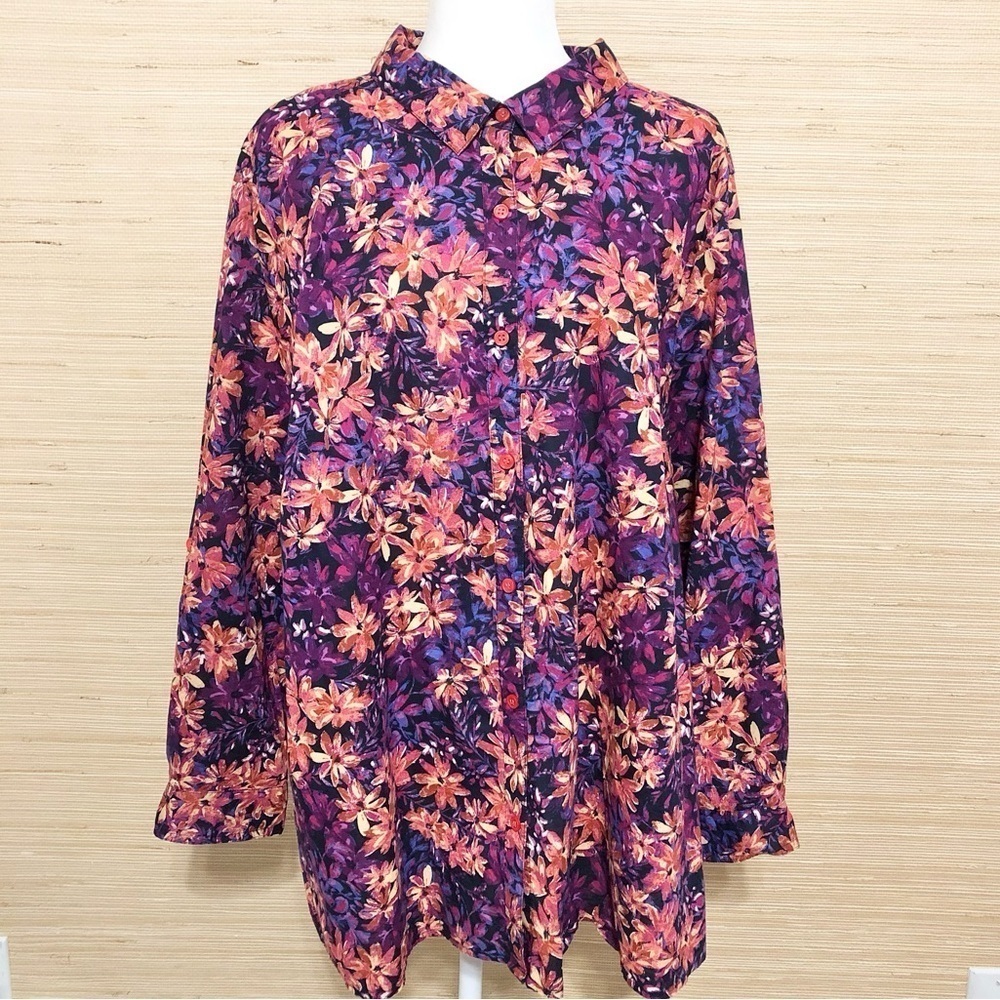 Catherines Floral Print Button Front Top Blouse 2X 22/24W Purple Pink Orange